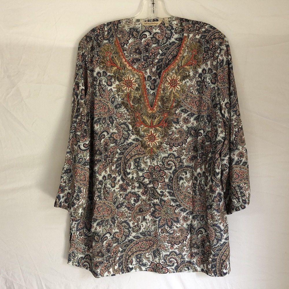 Soft Surroundings Shirt Womens XL Multicolor Paisley Beaded Boho Tunic Top